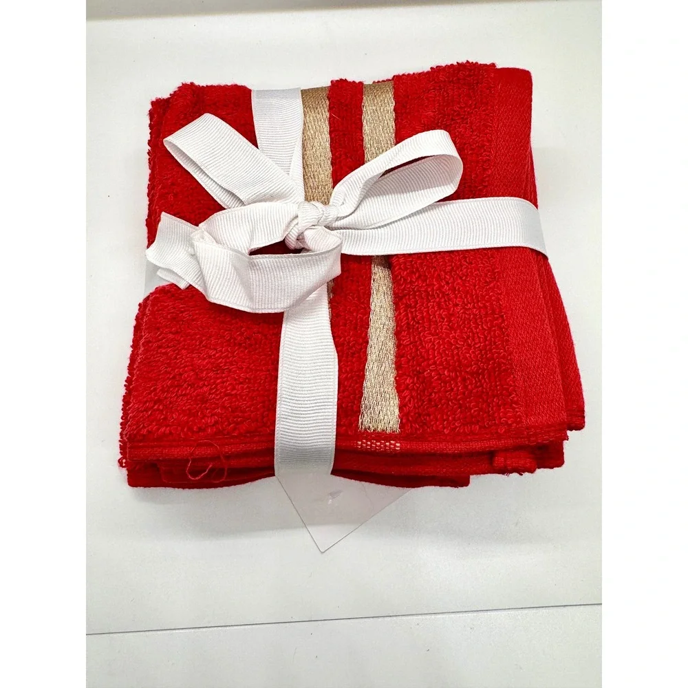 Chateau Royal Red Washcloths Set of 4 Gold Metallic Stripe Cotton New